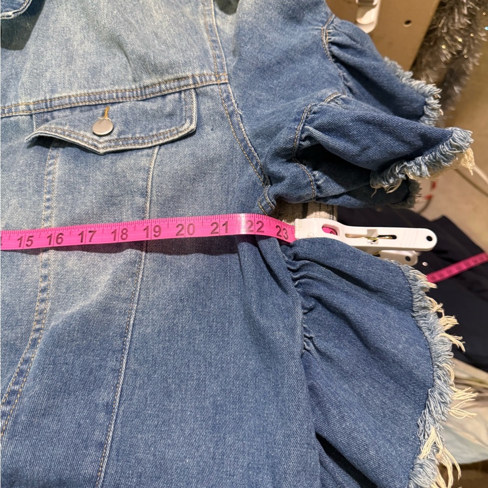 Hayden Denim Distressed Ruffle Jacket Short Sleeve Boho Flap Pockets Ombré 1XL - Picture 11 of 12